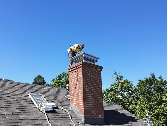 Fort Mill Chimney Sweep technician measuring a chimney cap in Fort Mill, SC